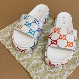 Gucci Women's GG White and Multicolor Slide Sandals